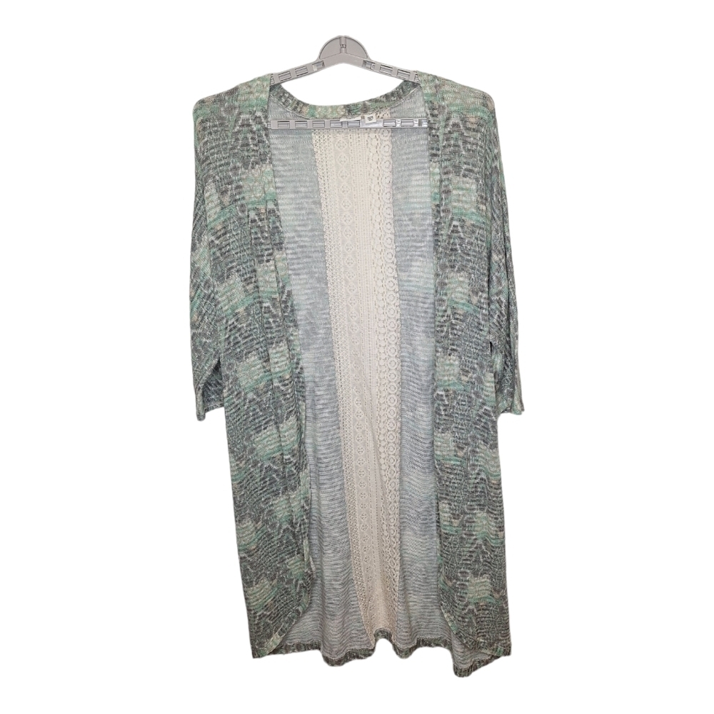 Cato Woman 26/28W Light Green Open Long Duster Cardigan Lace on Back Lagen Look
